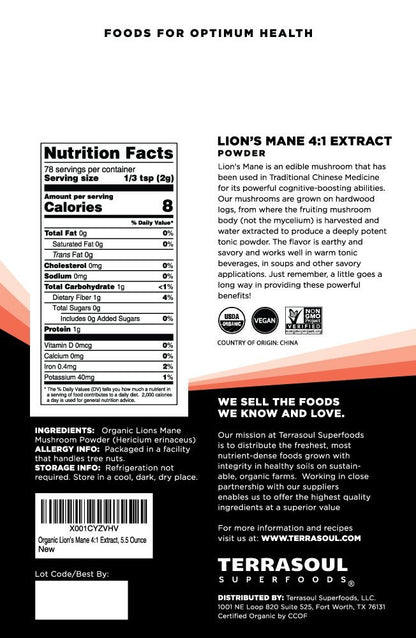 Terrasoul Superfoods Bio Löwenmähnenpilz Pulver (4:1 Extrakt), 155 g