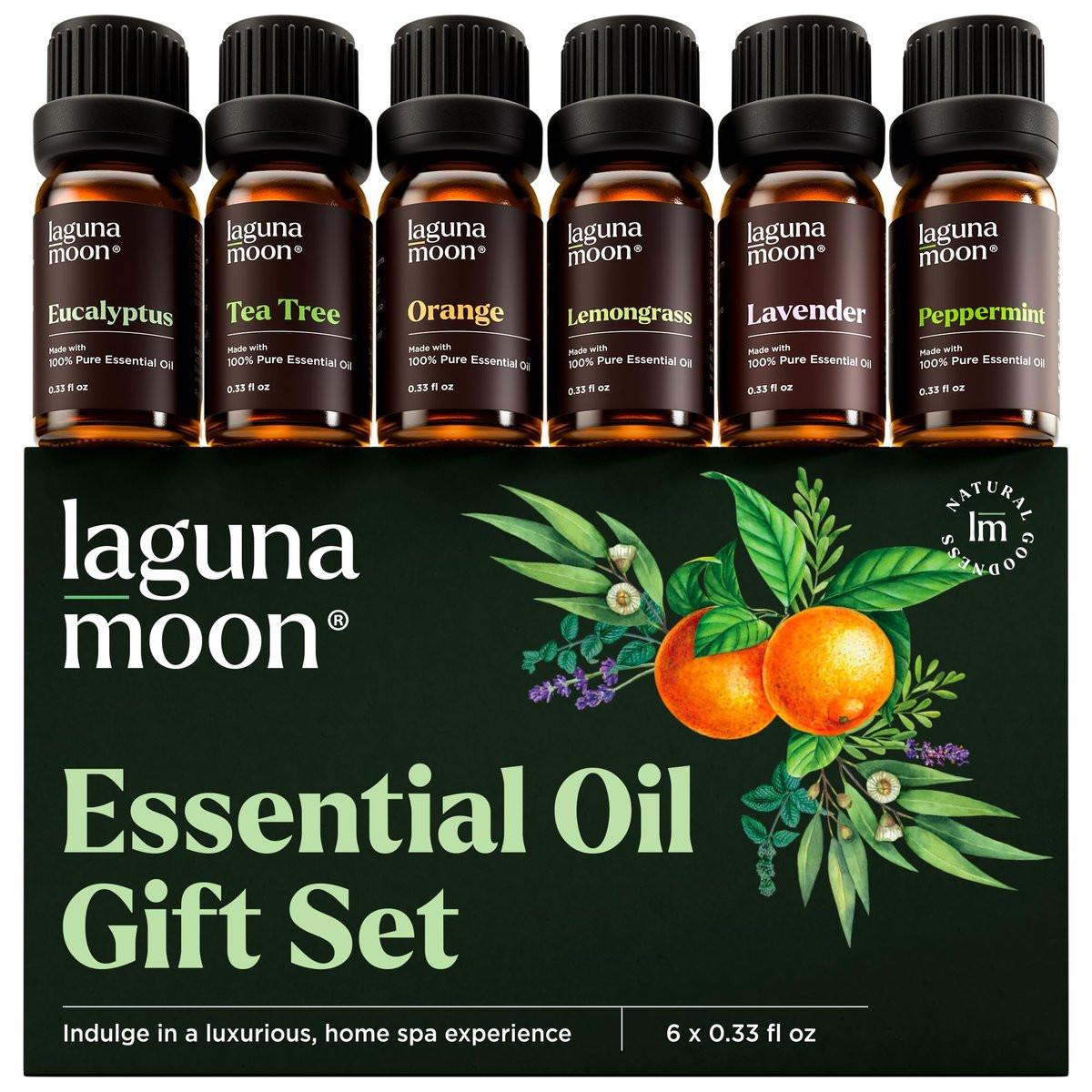 Lagunamoon Ätherische Öle Set – 6 Öle für Diffuser, Haushalt, Kerzenherstellung, Duft, Luftbefeuchter, Geschenke – Pfefferminze, Teebaum, Lavendel, Eukalyptus, Orange (10 ml)