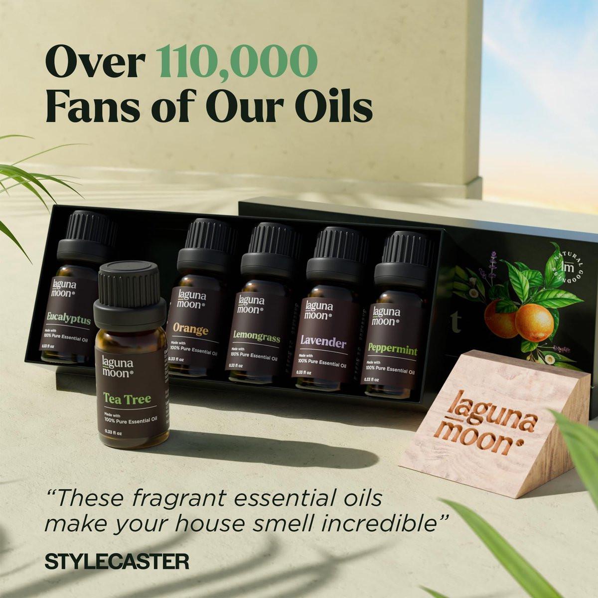Lagunamoon Ätherische Öle Set – 6 Öle für Diffuser, Haushalt, Kerzenherstellung, Duft, Luftbefeuchter, Geschenke – Pfefferminze, Teebaum, Lavendel, Eukalyptus, Orange (10 ml)