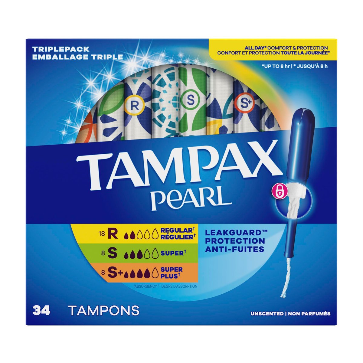 Tampax Pearl Tampons Multipack, Regular/Super/Super+ Saugfähigkeit, mit LeakGuard-Braid, unparfümiert, 102 Stück (3 Packungen à 34)