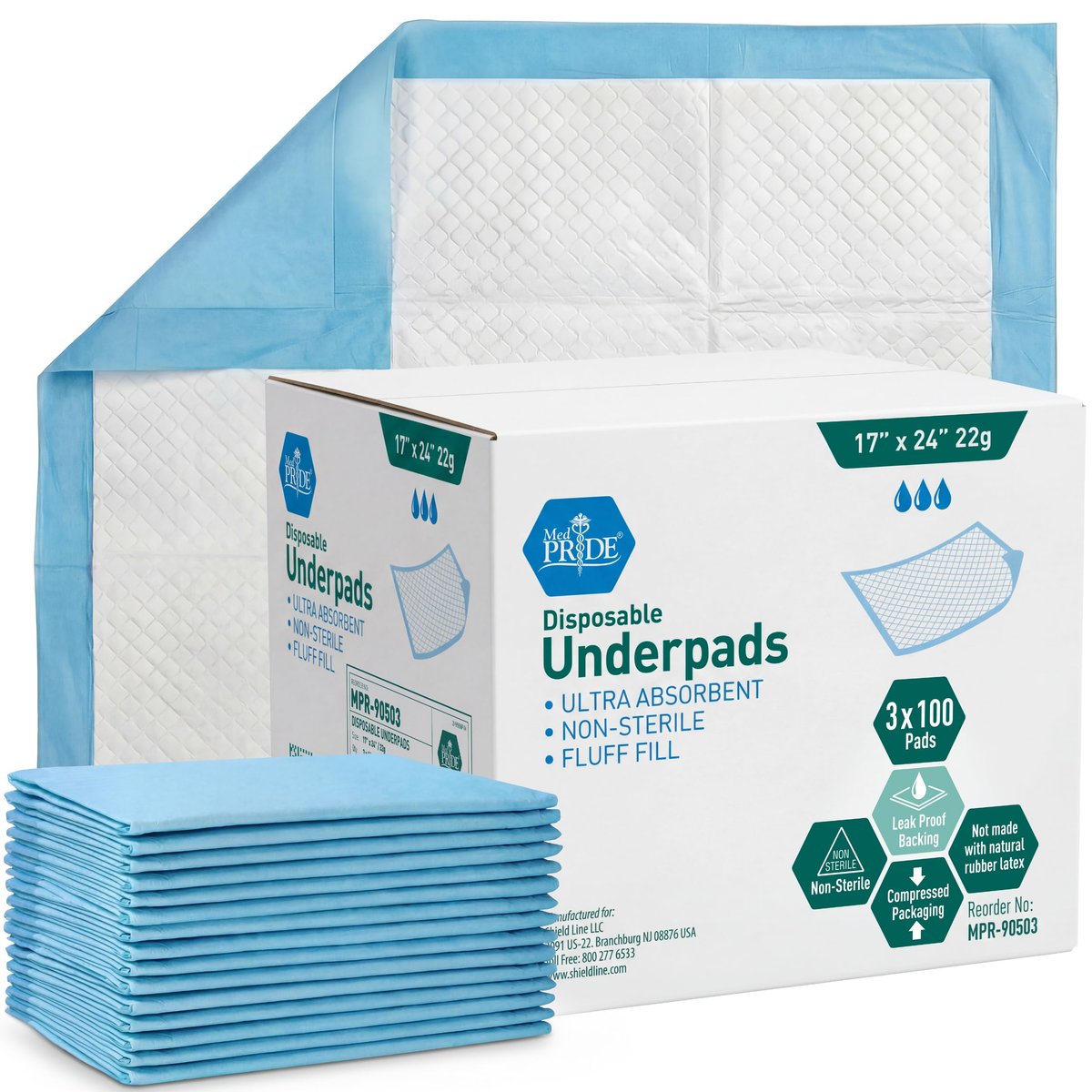 Medpride Einweg-Unterlagen 43 x 61 cm (100 Stück) – Saugfähige Inkontinenzunterlagen, Bettschutz, Welpentraining | Dick, super saugfähig für Kinder, Erwachsene, Senioren | Flüssigkeiten, Urin, Unfälle