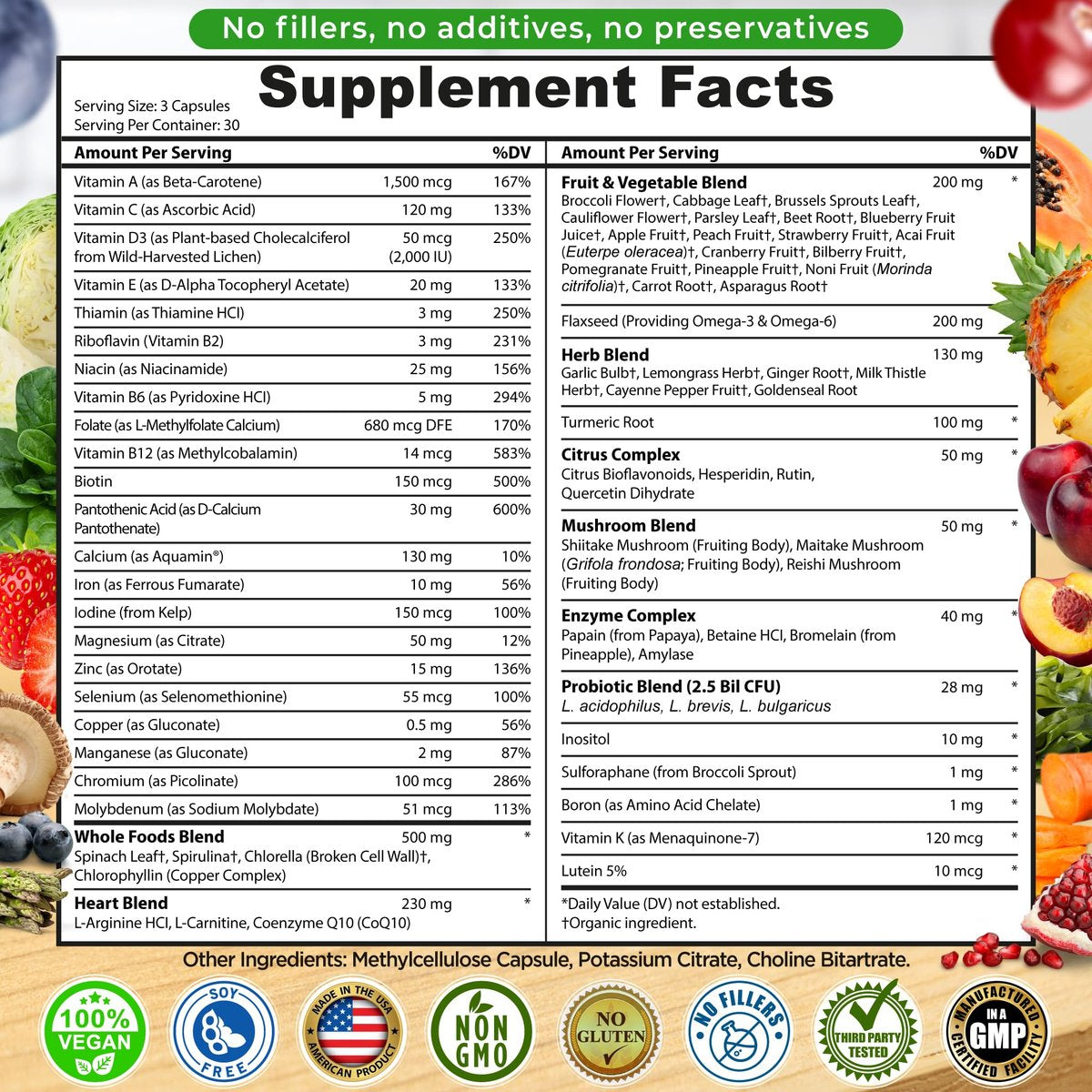 Vegane Whole Food Tages-Multivitamin mit Eisen, Methylierte Multivitamine für Frauen und Männer, Hergestellt aus Obst & Gemüse, B-Komplex, Probiotika, Enzyme, CoQ10, Omega, Kurkuma, Non-GMO, 90 Kapseln