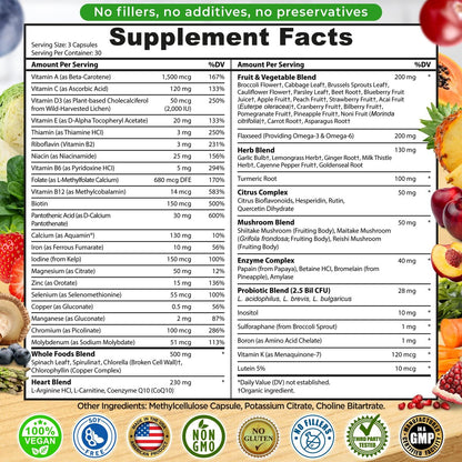 Vegane Whole Food Tages-Multivitamin mit Eisen, Methylierte Multivitamine für Frauen und Männer, Hergestellt aus Obst & Gemüse, B-Komplex, Probiotika, Enzyme, CoQ10, Omega, Kurkuma, Non-GMO, 90 Kapseln