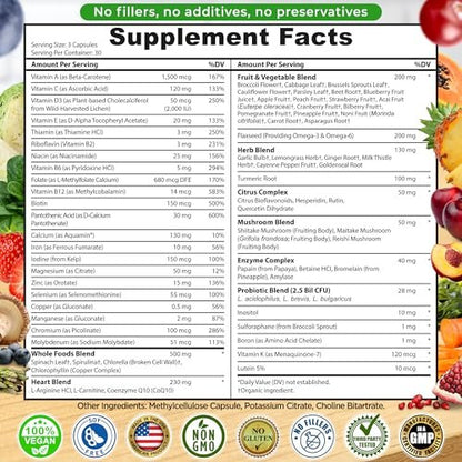 Vegane Whole Food Tages-Multivitamin mit Eisen, Methylierte Multivitamine für Frauen und Männer, Hergestellt aus Obst & Gemüse, B-Komplex, Probiotika, Enzyme, CoQ10, Omega, Kurkuma, Non-GMO, 90 Kapseln