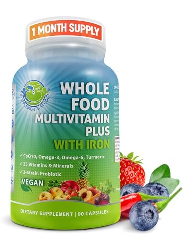 Vegane Whole Food Tages-Multivitamin mit Eisen, Methylierte Multivitamine für Frauen und Männer, Hergestellt aus Obst & Gemüse, B-Komplex, Probiotika, Enzyme, CoQ10, Omega, Kurkuma, Non-GMO, 90 Kapseln