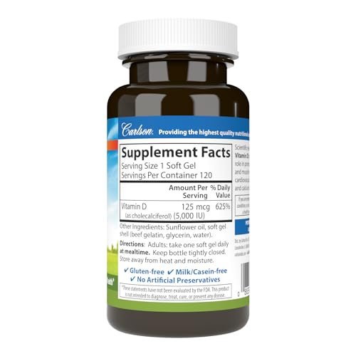 Carlson Vitamin D3 5000 IE (125 µg) – 120 Softgels für Knochen- und Muskelgesundheit