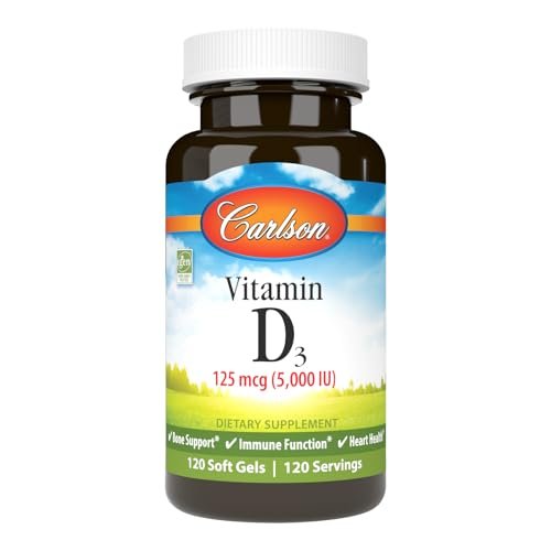 Carlson Vitamin D3 5000 IE (125 µg) – 120 Softgels für Knochen- und Muskelgesundheit