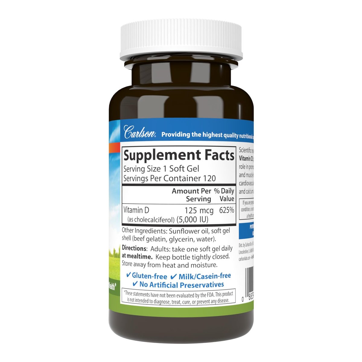 Carlson Vitamin D3 5000 IE (125 µg) – 120 Softgels für Knochen- und Muskelgesundheit