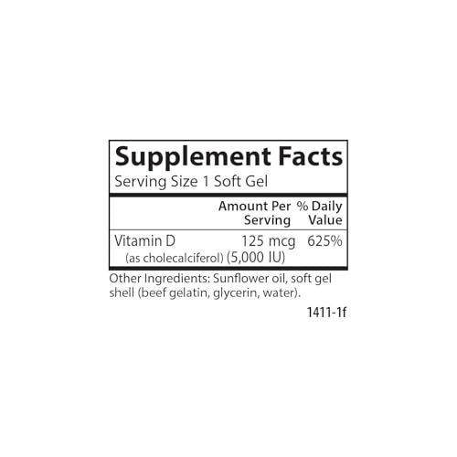 Carlson Vitamin D3 5000 IE (125 µg) – 120 Softgels für Knochen- und Muskelgesundheit