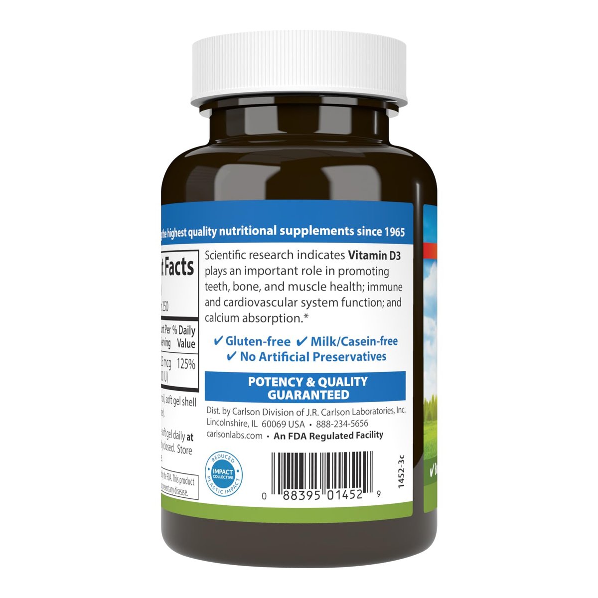Carlson Vitamin D3 1000 IE (25 µg) – 250 Softgel-Kapseln für Knochen- & Muskelfunktion