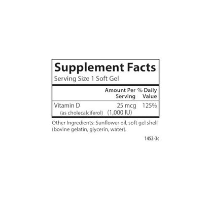Carlson Vitamin D3 1000 IE (25 µg) – 250 Softgel-Kapseln für Knochen- & Muskelfunktion