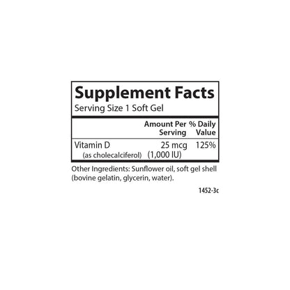 Carlson Vitamin D3 1000 IE (25 µg) – 250 Softgel-Kapseln für Knochen- & Muskelfunktion