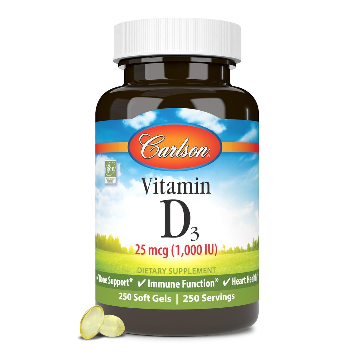 Carlson Vitamin D3 1000 IE (25 µg) – 250 Softgel-Kapseln für Knochen- & Muskelfunktion