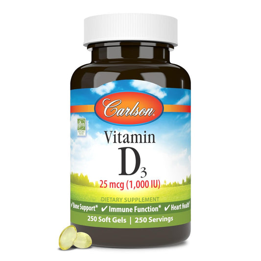 Carlson Vitamin D3 1000 IE (25 µg) – 250 Softgel-Kapseln für Knochen- & Muskelfunktion