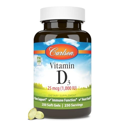 Carlson Vitamin D3 1000 IE (25 µg) – 250 Softgel-Kapseln für Knochen- & Muskelfunktion