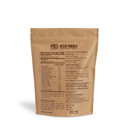 MB Herbals Reines Neemblattpulver 100 g | Azadirachta Indica | Wildcrafted Bitteres Neem-Ergänzungsmittel für Haut- und Haarpflege