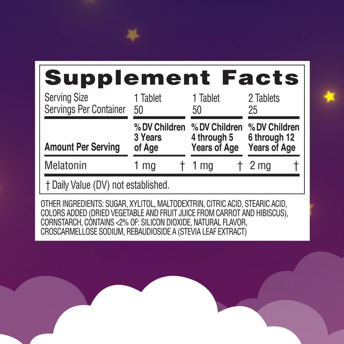 Zarbee's Kids Melatonin Kautabletten, 1 mg Melatonin, Arzneimittelfreies & Effektives Schlafmittel, Natürlicher Traubengeschmack, Ohne Künstliche Süßstoffe oder Farbstoffe, Glutenfrei, Ab 3 Jahren, 50 Stück