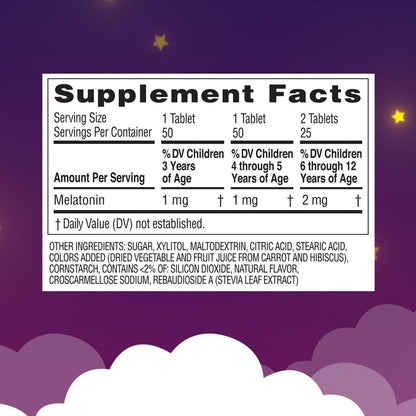 Zarbee's Kids Melatonin Kautabletten, 1 mg Melatonin, Arzneimittelfreies & Effektives Schlafmittel, Natürlicher Traubengeschmack, Ohne Künstliche Süßstoffe oder Farbstoffe, Glutenfrei, Ab 3 Jahren, 50 Stück