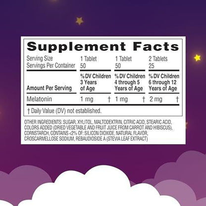 Zarbee's Kids Melatonin Kautabletten, 1 mg Melatonin, Arzneimittelfreies & Effektives Schlafmittel, Natürlicher Traubengeschmack, Ohne Künstliche Süßstoffe oder Farbstoffe, Glutenfrei, Ab 3 Jahren, 50 Stück