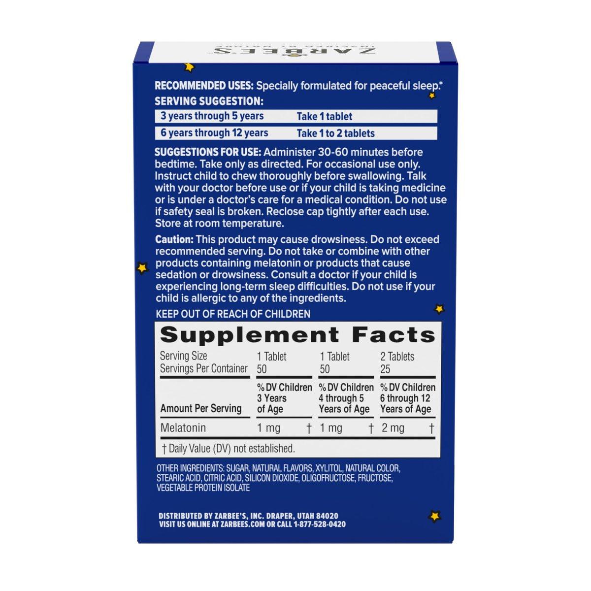 Zarbee's Kids Melatonin Kautabletten, 1 mg Melatonin, Arzneimittelfreies & Effektives Schlafmittel, Natürlicher Traubengeschmack, Ohne Künstliche Süßstoffe oder Farbstoffe, Glutenfrei, Ab 3 Jahren, 50 Stück
