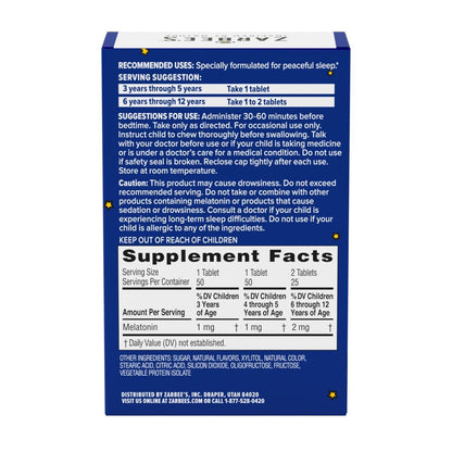 Zarbee's Kids Melatonin Kautabletten, 1 mg Melatonin, Arzneimittelfreies & Effektives Schlafmittel, Natürlicher Traubengeschmack, Ohne Künstliche Süßstoffe oder Farbstoffe, Glutenfrei, Ab 3 Jahren, 50 Stück