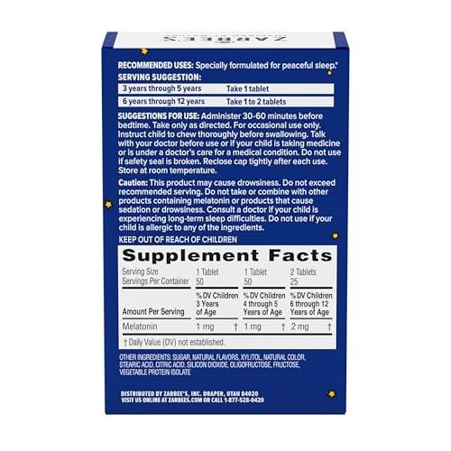 Zarbee's Kids Melatonin Kautabletten, 1 mg Melatonin, Arzneimittelfreies & Effektives Schlafmittel, Natürlicher Traubengeschmack, Ohne Künstliche Süßstoffe oder Farbstoffe, Glutenfrei, Ab 3 Jahren, 50 Stück