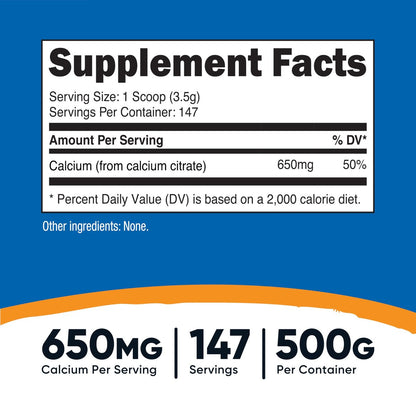 Nutricost Calcium Citrat Pulver (500 g) – Geschmacksneutral, rein, glutenfrei, ohne Füllstoffe
