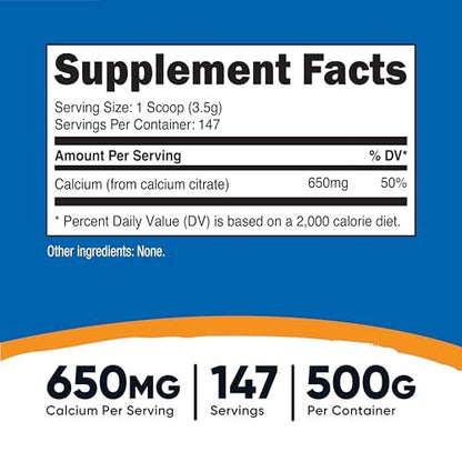 Nutricost Calcium Citrat Pulver (500 g) – Geschmacksneutral, rein, glutenfrei, ohne Füllstoffe