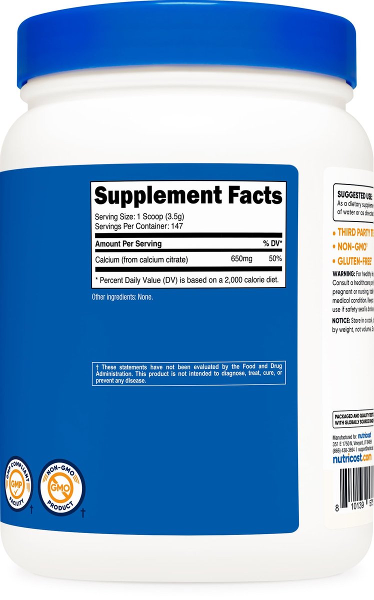 Nutricost Calcium Citrat Pulver (500 g) – Geschmacksneutral, rein, glutenfrei, ohne Füllstoffe