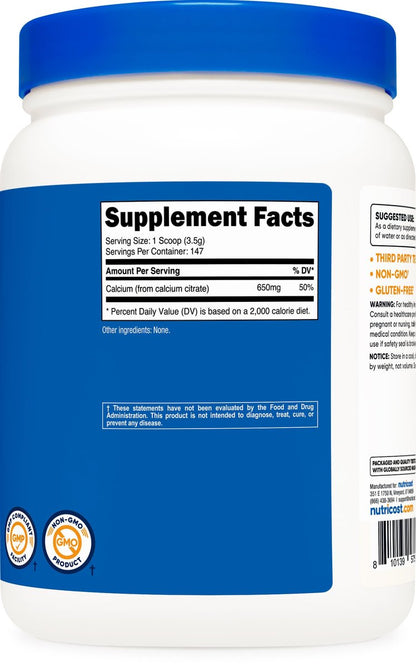 Nutricost Calcium Citrat Pulver (500 g) – Geschmacksneutral, rein, glutenfrei, ohne Füllstoffe