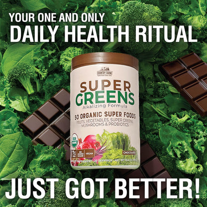 Country Farms Organic Super Greens Schokoladengeschmack, 50 organische Superfoods, USDA Bio-Getränkepulver, reich an Ballaststoffen, Obst, Gemüse, Pilzen & Probiotika, unterstützt die Energie, 7g Ballaststoffe