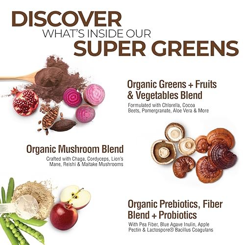 Country Farms Organic Super Greens Schokoladengeschmack, 50 organische Superfoods, USDA Bio-Getränkepulver, reich an Ballaststoffen, Obst, Gemüse, Pilzen & Probiotika, unterstützt die Energie, 7g Ballaststoffe