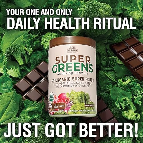 Country Farms Organic Super Greens Schokoladengeschmack, 50 organische Superfoods, USDA Bio-Getränkepulver, reich an Ballaststoffen, Obst, Gemüse, Pilzen & Probiotika, unterstützt die Energie, 7g Ballaststoffe