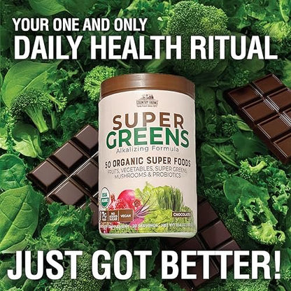 Country Farms Organic Super Greens Schokoladengeschmack, 50 organische Superfoods, USDA Bio-Getränkepulver, reich an Ballaststoffen, Obst, Gemüse, Pilzen & Probiotika, unterstützt die Energie, 7g Ballaststoffe
