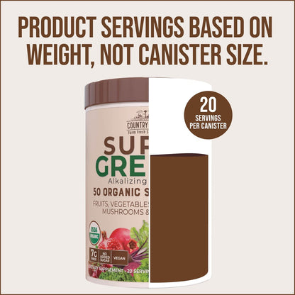 Country Farms Organic Super Greens Schokoladengeschmack, 50 organische Superfoods, USDA Bio-Getränkepulver, reich an Ballaststoffen, Obst, Gemüse, Pilzen & Probiotika, unterstützt die Energie, 7g Ballaststoffe