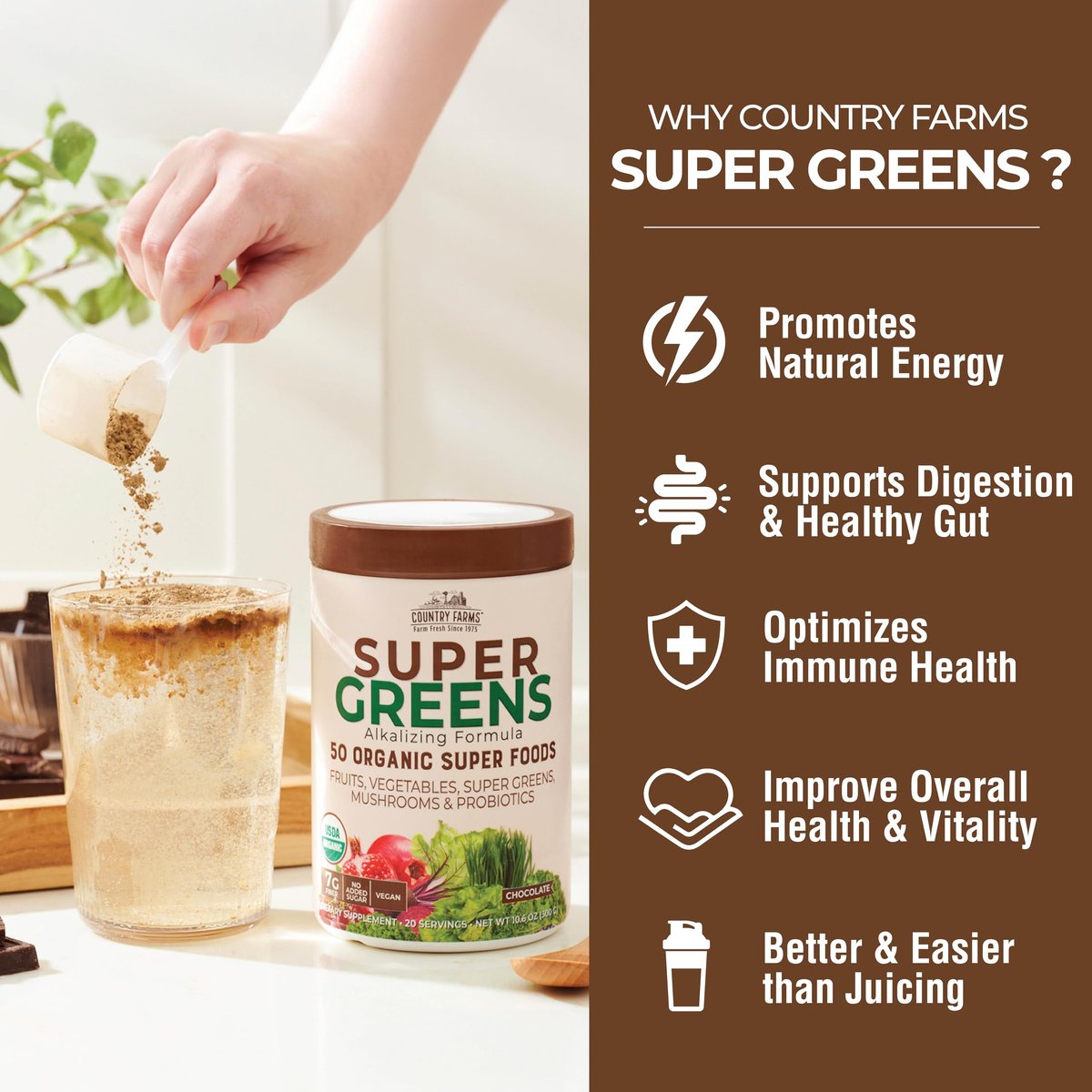 Country Farms Organic Super Greens Schokoladengeschmack, 50 organische Superfoods, USDA Bio-Getränkepulver, reich an Ballaststoffen, Obst, Gemüse, Pilzen & Probiotika, unterstützt die Energie, 7g Ballaststoffe