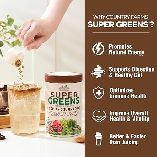 Country Farms Organic Super Greens Schokoladengeschmack, 50 organische Superfoods, USDA Bio-Getränkepulver, reich an Ballaststoffen, Obst, Gemüse, Pilzen & Probiotika, unterstützt die Energie, 7g Ballaststoffe