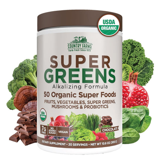 Country Farms Organic Super Greens Schokoladengeschmack, 50 organische Superfoods, USDA Bio-Getränkepulver, reich an Ballaststoffen, Obst, Gemüse, Pilzen & Probiotika, unterstützt die Energie, 7g Ballaststoffe