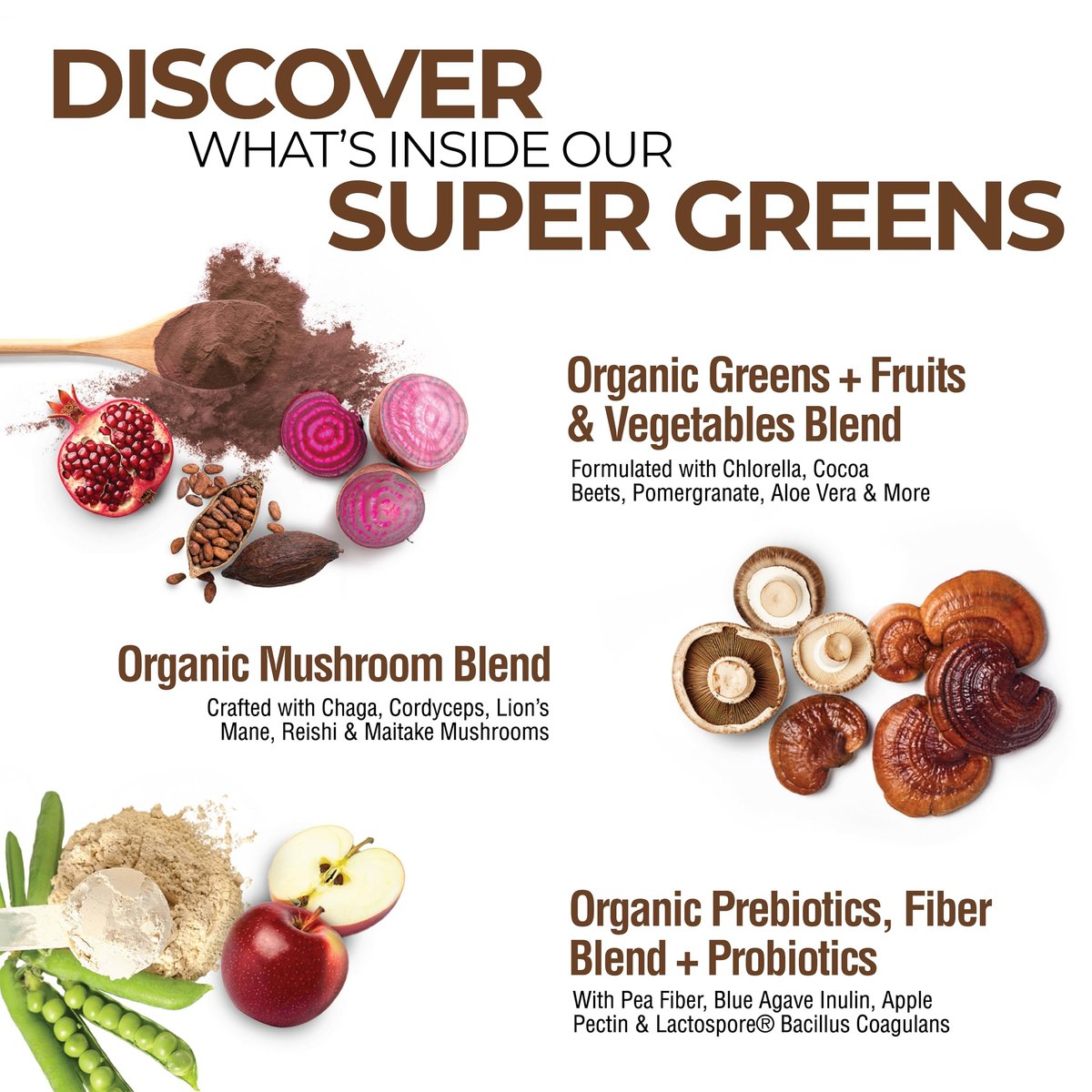 Country Farms Organic Super Greens Schokoladengeschmack, 50 organische Superfoods, USDA Bio-Getränkepulver, reich an Ballaststoffen, Obst, Gemüse, Pilzen & Probiotika, unterstützt die Energie, 7g Ballaststoffe