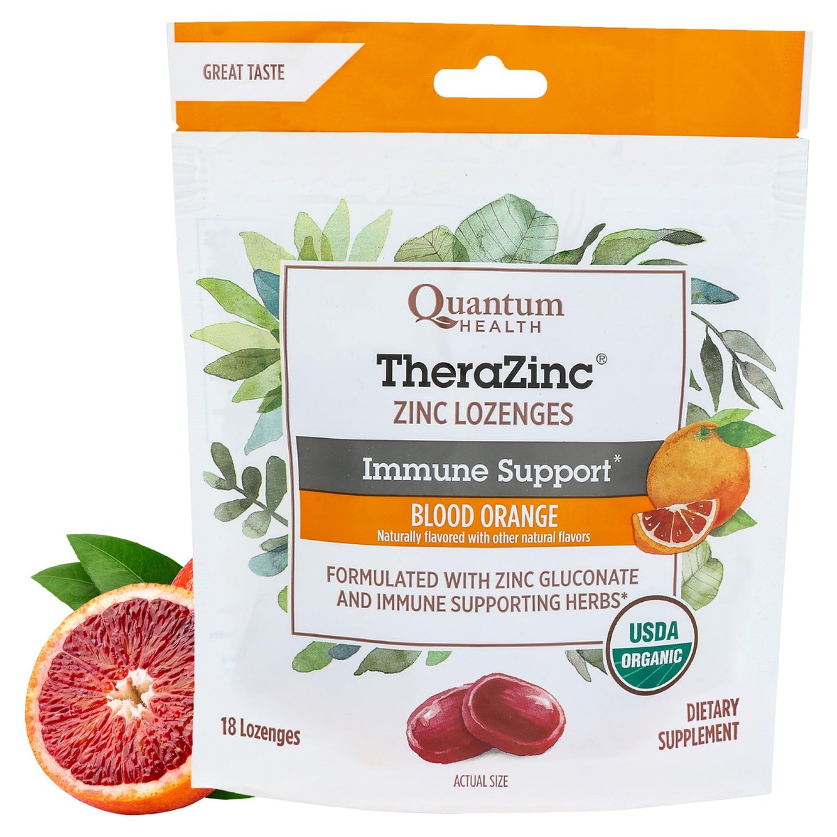Quantum Health TheraZinc Bioverfügbare Zink-Lutschtabletten mit Bio-Blutorangen-Geschmack - Immunsystem-Unterstützung für Erwachsene und Kinder, 18 einzeln verpackte Lutschtabletten