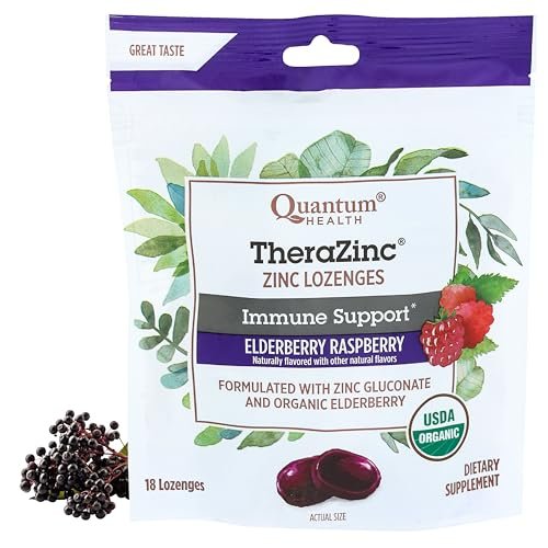 Quantum Health TheraZinc Organische Zink-Lutschtabletten mit Holunderbeere, Himbeere & Honig – Immununterstützung für Erwachsene & Kinder ab 12 Jahren, natürlich aromatisiert, schnelle Linderung ohne Nachgeschmack – 18 Stück (Verpackung kann variieren)