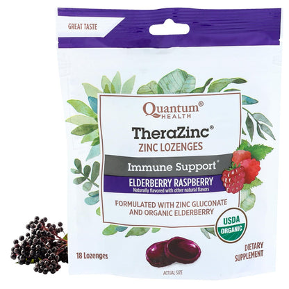 Quantum Health TheraZinc Organische Zink-Lutschtabletten mit Holunderbeere, Himbeere & Honig – Immununterstützung für Erwachsene & Kinder ab 12 Jahren, natürlich aromatisiert, schnelle Linderung ohne Nachgeschmack – 18 Stück (Verpackung kann variieren)