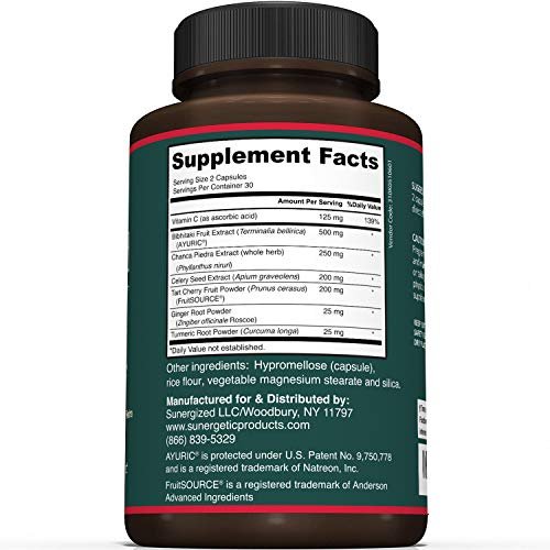 Sunergetic Premium Harnsäure-Unterstützung – Harnsäure-Reinigung & Nierenunterstützung mit Sauerkirsche, Chanca Piedra, Sellerieextrakt & Kurkuma – 60 Kapseln