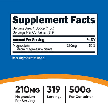 Nutricost Magnesium Citrat Pulver (ungeschmacklos, 500 g) - Reines Magnesiumpräparat