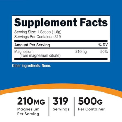 Nutricost Magnesium Citrat Pulver (ungeschmacklos, 500 g) - Reines Magnesiumpräparat
