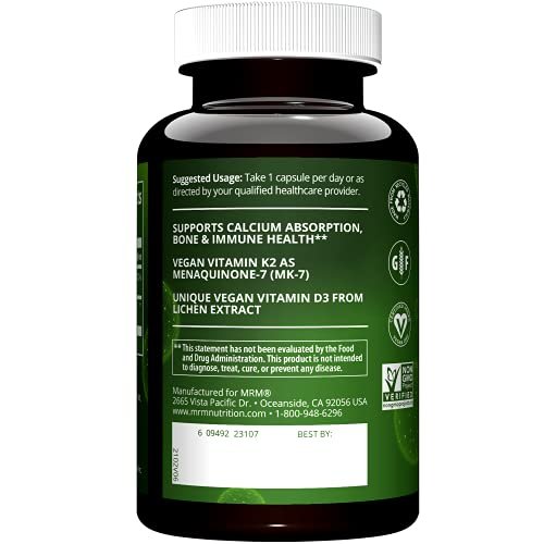 MRM Nutrition Veganes Vitamin D3 & K2 – Für Frauen & Männer – Pflanzliches D3 aus Flechten mit MK-7 Vitamin K2, Vegane Calcium-Absorptionsunterstützung für Knochen- & Immun-Gesundheit, Zertifiziert Nicht-GVO – 60 Portionen