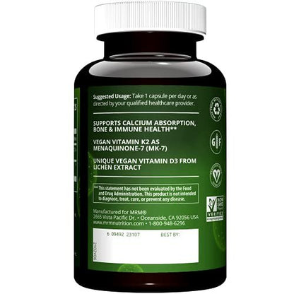 MRM Nutrition Veganes Vitamin D3 & K2 – Für Frauen & Männer – Pflanzliches D3 aus Flechten mit MK-7 Vitamin K2, Vegane Calcium-Absorptionsunterstützung für Knochen- & Immun-Gesundheit, Zertifiziert Nicht-GVO – 60 Portionen