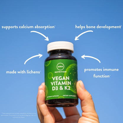 MRM Nutrition Veganes Vitamin D3 & K2 – Für Frauen & Männer – Pflanzliches D3 aus Flechten mit MK-7 Vitamin K2, Vegane Calcium-Absorptionsunterstützung für Knochen- & Immun-Gesundheit, Zertifiziert Nicht-GVO – 60 Portionen