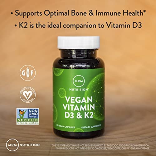 MRM Nutrition Veganes Vitamin D3 & K2 – Für Frauen & Männer – Pflanzliches D3 aus Flechten mit MK-7 Vitamin K2, Vegane Calcium-Absorptionsunterstützung für Knochen- & Immun-Gesundheit, Zertifiziert Nicht-GVO – 60 Portionen