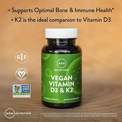 MRM Nutrition Veganes Vitamin D3 & K2 – Für Frauen & Männer – Pflanzliches D3 aus Flechten mit MK-7 Vitamin K2, Vegane Calcium-Absorptionsunterstützung für Knochen- & Immun-Gesundheit, Zertifiziert Nicht-GVO – 60 Portionen